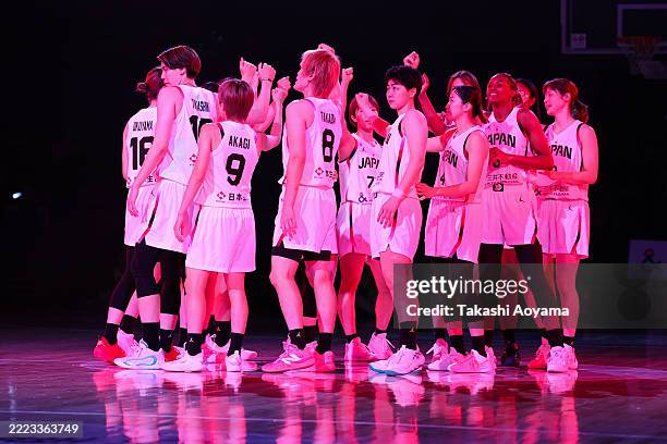 Team Japan huddle during the basketball Women's International game between Japan and Denmark at Ariake Arena on July 03, 2025 in Tokyo, Japan.
