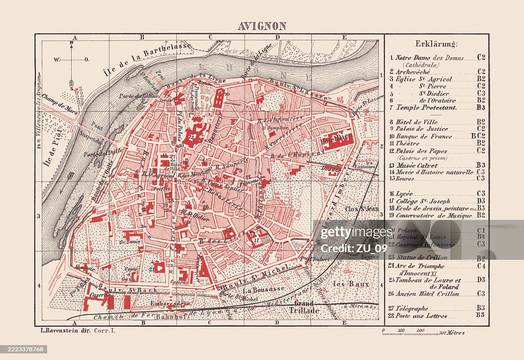 Historical city map of Avignon, France, lithograph, published in 1880