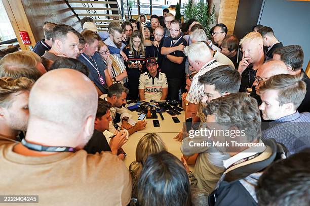 Max Verstappen of the Netherlands and Oracle Red Bull Racing holds a press conference during previews ahead of the F1 Grand Prix of Great Britain at...