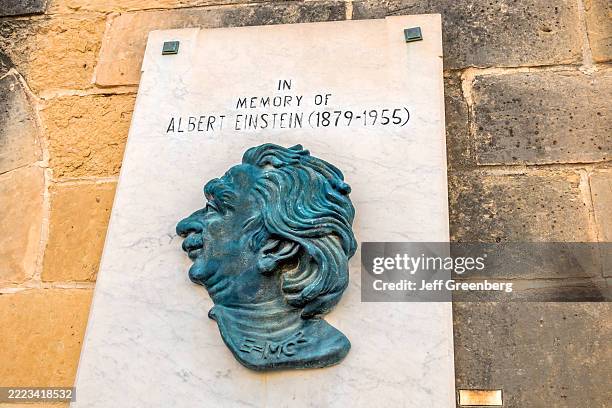 Valletta, Malta, Upper Barrakka Gardens, Albert Einstein plaque memorial, profile iconic hair.
