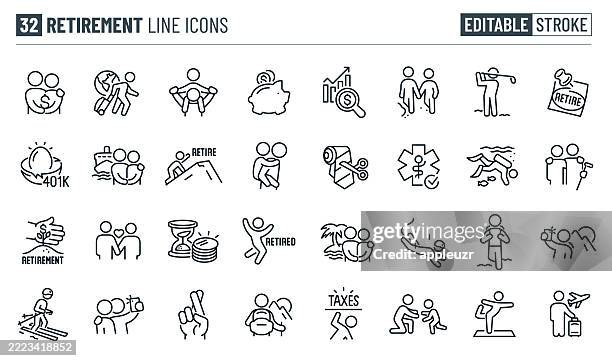 retirement thin line icons - editable stroke - icons include seniors, seniors taking vacations, retired, retiree, elderly, active seniors, investment, traveling, retirement, planning, enjoyment, relaxation, couples - family hiking stock illustrations