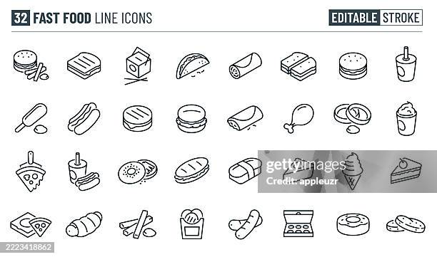 fast food thin line icons - editable stroke - icons include a hamburger, french fires, unhealthy food, meal, dessert, hot dog, soda, pizza, junk food, take-out, american food, taco, ice cream - potato wedges stock illustrations
