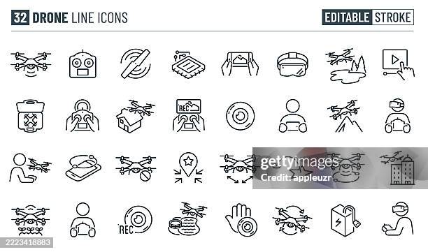 drone thin line icons - editable stroke - icons include unmanned ariel vehicle, uav, quadcopter, pilot, remote control, flying, operator, aerial photography, hobby - drone operator stock illustrations