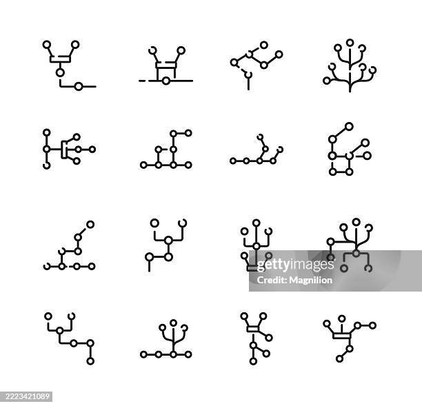 code fork icons set showing branching, merging, git workflow, version control, and development process, vector line icons, editable stroke - engineering-design-process-diagram stock illustrations