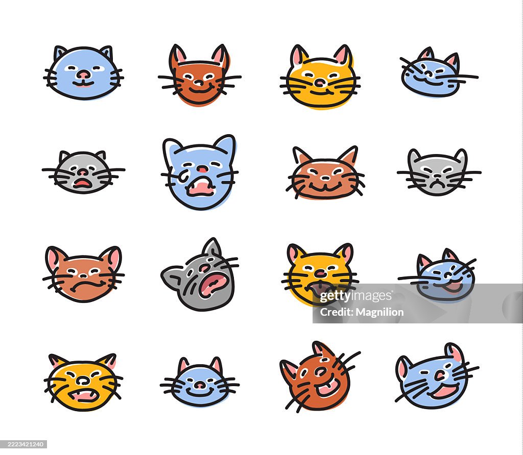 Cute Cat Faces with Various Emotions and Fur Colors Including Happy, Sad, Angry, and Surprised Expressions, Vector Line Icons Set, Editable Stroke