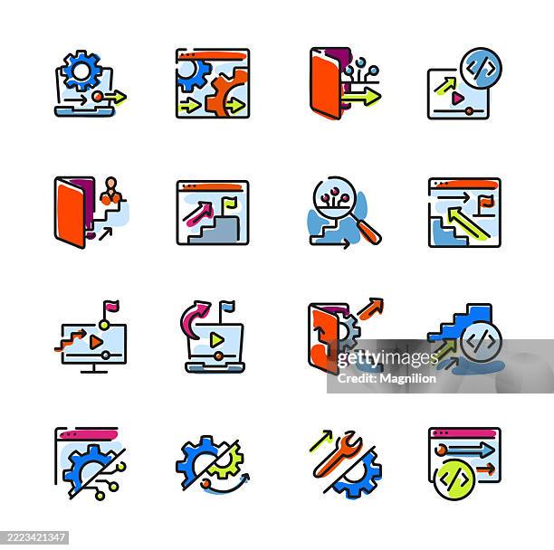 web development and digital tools icons including coding, web design, and technical support, vector line icons set, editable stroke - computer tech support stock illustrations