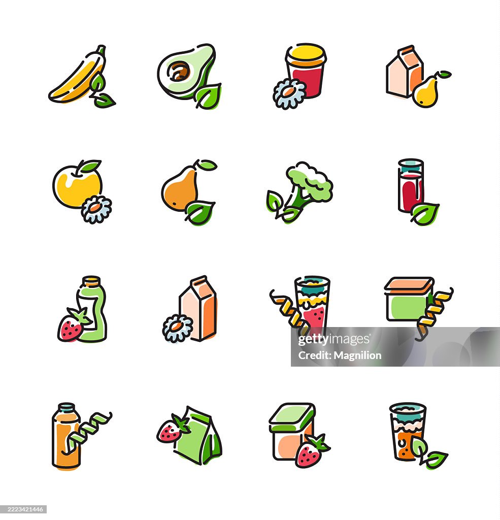 Healthy Food and Organic Drink Icons Including Fruits, Vegetables, Juices, Dairy Products, and Supplements, Vector Line Icons Set, Editable Stroke