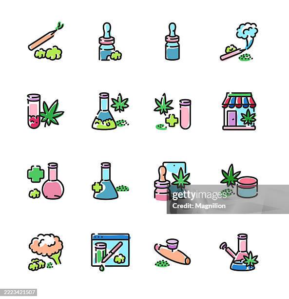 cannabis and marijuana product icons including oils, edibles, smoking devices, and medical applications, vector line icons set, editable stroke - pipe joints stock illustrations