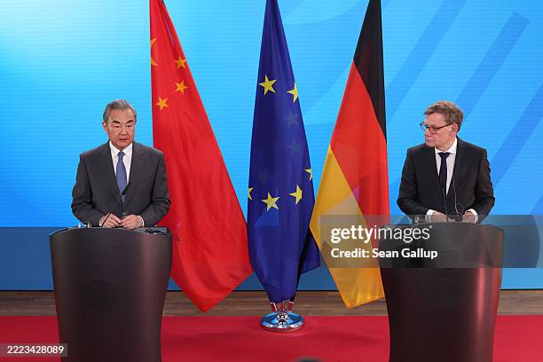 German Foreign Minister Johann Wadephul and Chinese Foreign Minister Wang Yi speak to the media following talks on July 03, 2025 in Berlin, Germany....