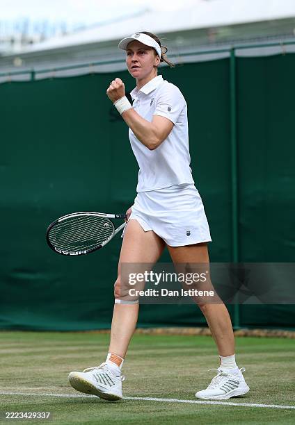 Liudmila Samsonova celebrates winning match point against Yulia Starodubtseva of Ukraine during the Ladies' Singles second round match on day four of...