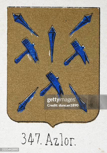 ilustrações de stock, clip art, desenhos animados e ícones de medieval heraldry, coat of arms, shield with, blue, hammer, spikes, gold, spanish, vintage illustration - martelo