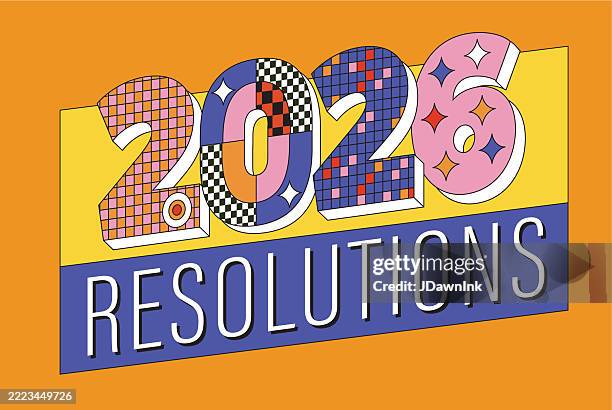 2026 happy new year resolutions greeting design template with colorful 3d y2k 90s style text - new year resolution stock illustrations