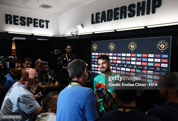 Jose Manuel Lopez of Palmeiras speaks to the media in the mixed zone ahead of their FIFA Club World Cup 2025 Quarter Final match between SE Palmeiras...