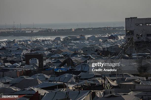 View of life amid makeshift tents, displacement and the ongoing Israeli attacks in Gaza near coastline on July 08, 2025. Palestinians struggle to...