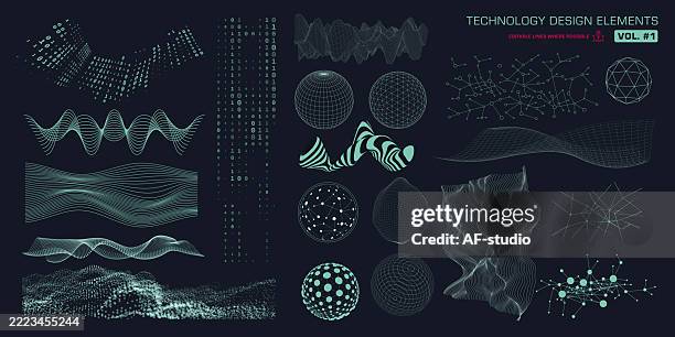 3d Tech Design Elements Abstract Digital Shapes And Data Waves Set High ...