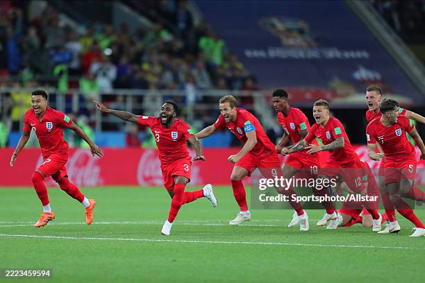July 3: Jesse Lingard, Danny Rose, Harry Kane, Marcus Rashford, Kieran Trippier, Jamie Vardy, and John Stones of England celebrate Penalty shoot out...