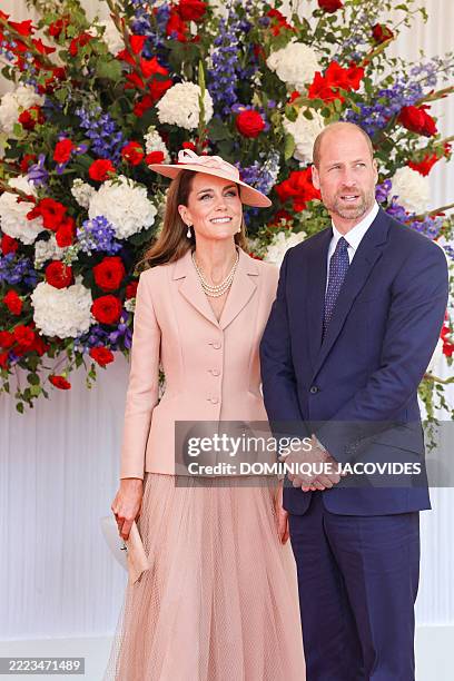 Britain's Catherine, Princess of Wales and Britain's Prince William, Prince of Wales attend a ceremonial welcome for France's President and his wife...