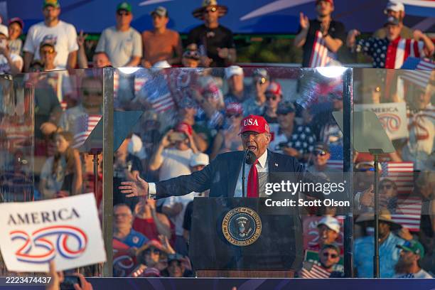 President Donald Trump speaks at a rally to kick off the July Fourth holiday weekend at the Iowa State Fairgrounds on July 03, 2025 in Des Moines,...