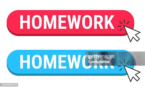 homework - red and blue buttons with cursor on white background - 3d home button stock illustrations