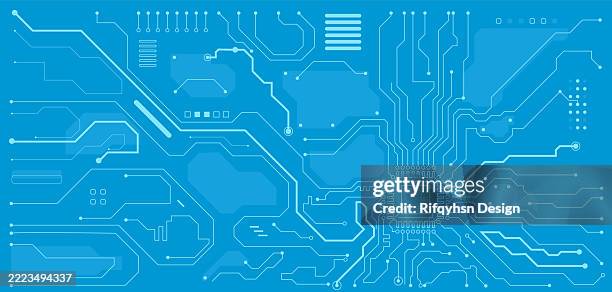 ilustraciones, imágenes clip art, dibujos animados e iconos de stock de tecnología de placa de circuito abstracta, líneas azules conectadas con elementos electrónicos, placa base de computadora, chip de computadora, procesador, semiconductor, fondo digital. concepto de tecnología digital de alta tecnología - placa madre