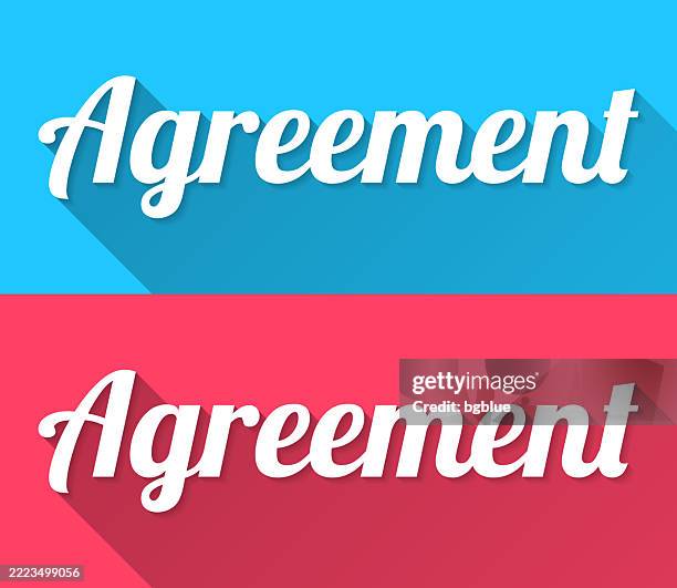 agreement - flat design with long shadow on blue and red background - unity logo stock illustrations