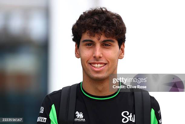 Gabriel Bortoleto of Brazil and Stake F1 Team Kick Sauber arrives in the Paddock prior to practice ahead of the F1 Grand Prix of Great Britain at...
