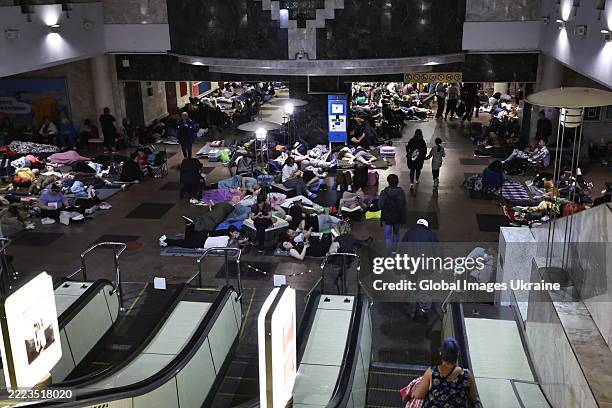 Kyiv residents shelter in subway amid a Russian drone-and-missile strike on July 4, 2025 in Kyiv, Ukraine. At night, the Russian army attacks Kyiv...