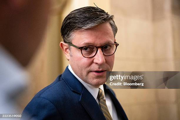 House Speaker Mike Johnson, a Republican from Louisiana, speaks to members of the media while arriving for a meeting with Benjamin Netanyahu,...