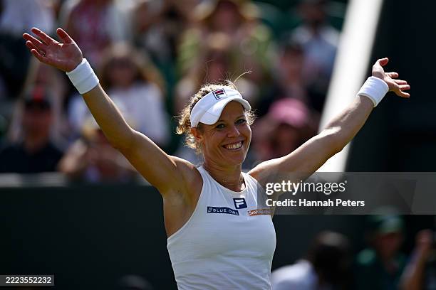Laura Siegemund of Germany celebrates winning match point against Madison Keys of United States during the Ladies' Singles Third Round match on day...