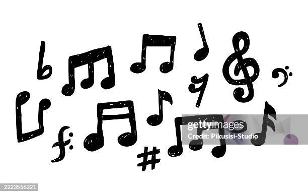 illustrazioni stock, clip art, cartoni animati e icone di tendenza di collezione di note musicali e simboli in stile doodle disegnato a mano - nota