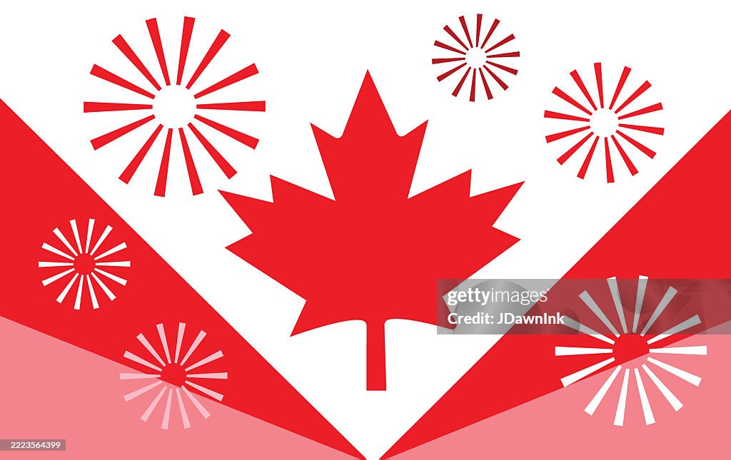Canada Long Weekend celebration abstract background with Canadian maple leaf and fireworks