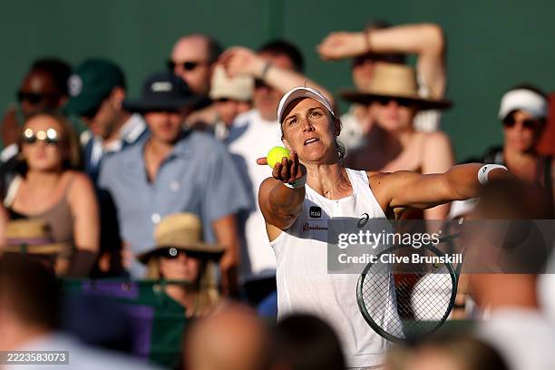 Beatriz Haddad Maia of Brazil serves against Hailey Baptiste of United States and Caty McNally of United States during the Ladies' Doubles first...