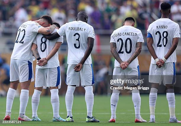 Sergej Milinkovic-Savic, Ruben Neves and Kalidou Koulibaly of Al Hilal react during a moments silence in memory of former football player Diogo Jota...