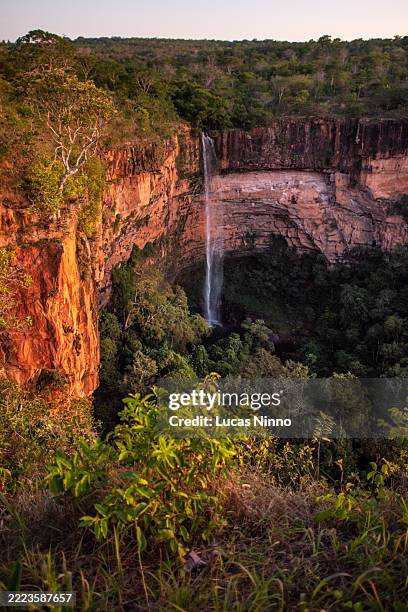 veu de noiva waterfall at sunrise, chapada dos guimarães - chapada dos guimarães imagens e fotografias de stock