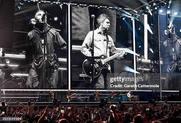 Oasis perform on stage during the opening night of their Live 25' Tour at Principality Stadium on July 04, 2025 in Cardiff, Wales.