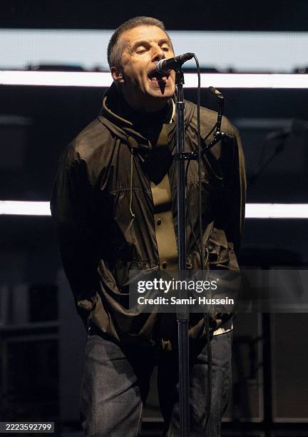 Liam Gallagher of Oasis performs onstage during the opening night of their Live 25' Tour at the Principality Stadium on July 04, 2025 in Cardiff,...