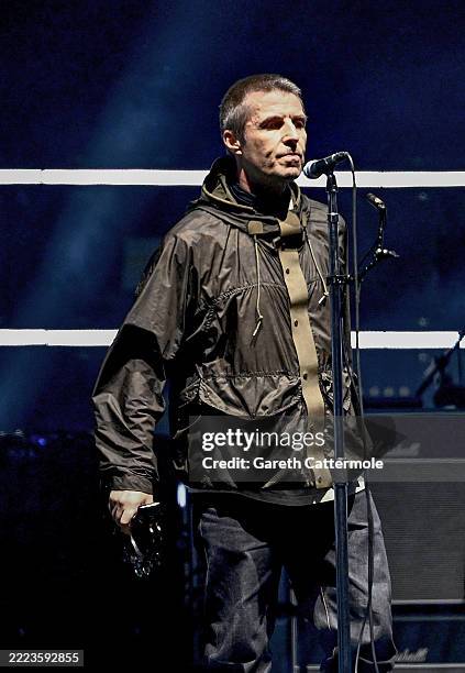 Liam Gallagher of Oasis performs on stage during the opening night of their Live 25' Tour at Principality Stadium on July 04, 2025 in Cardiff, Wales.