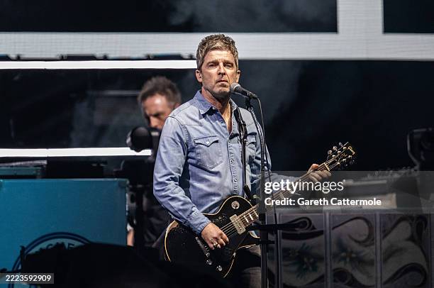 Noel Gallagher of Oasis performs on stage during the opening night of their Live 25' Tour at Principality Stadium on July 04, 2025 in Cardiff, Wales.