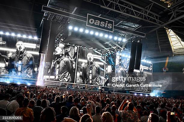 Oasis perform on stage during the opening night of their Live 25' Tour at Principality Stadium on July 04, 2025 in Cardiff, Wales.