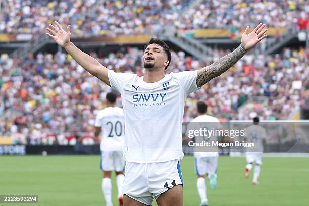 Marcos Leonardo of Al Hilal celebrates scoring his team's first goal during the FIFA Club World Cup 2025 quarter final match between Fluminense FC...
