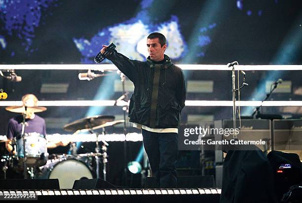 Liam Gallagher of Oasis performs on stage during the opening night of their Live 25' Tour at Principality Stadium on July 04, 2025 in Cardiff, Wales.