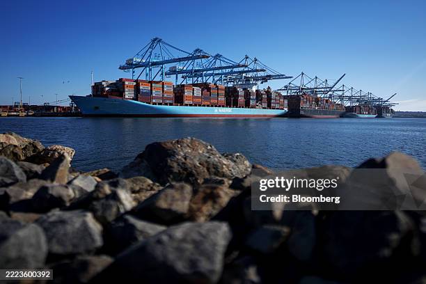 Container ships at the APM Maersk Terminal at the Port of Los Angeles in Los Angeles, California, US, on Tuesday, July 8, 2025. President Donald...