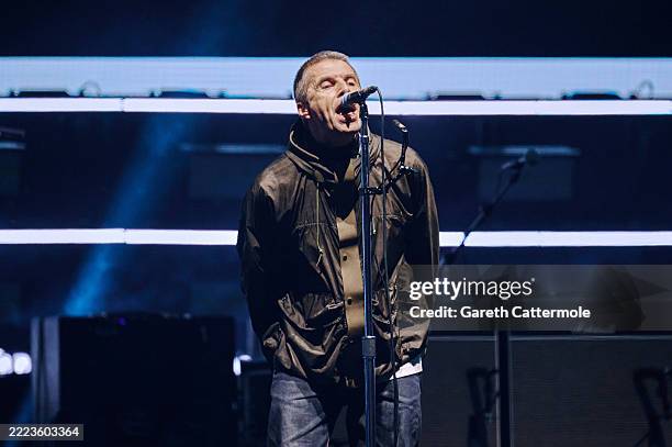 Liam Gallagher of Oasis performs on stage during the opening night of their Live '25 Tour at Principality Stadium on July 04, 2025 in Cardiff, Wales.