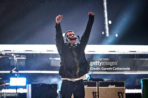 Liam Gallagher of Oasis performs on stage during the opening night of their Live '25 Tour at Principality Stadium on July 04, 2025 in Cardiff, Wales.