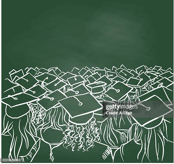 graduationcapcrowdchalbkboard - crowd from behind stock illustrations