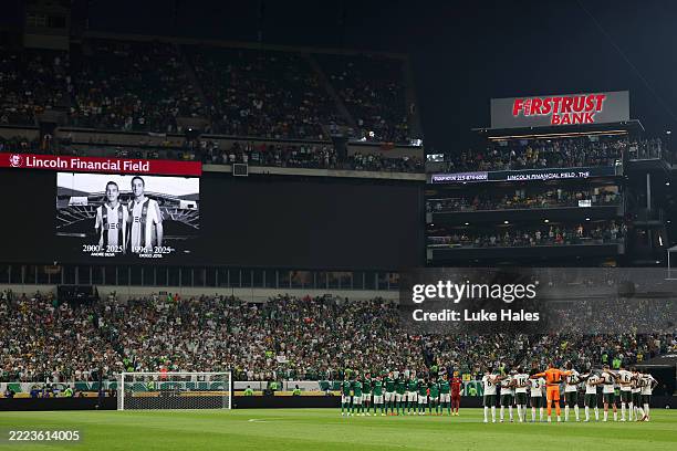 General view of Players, match officials and fans pause for a moments silence in memory of former football player Diogo Jota and his brother Andre...