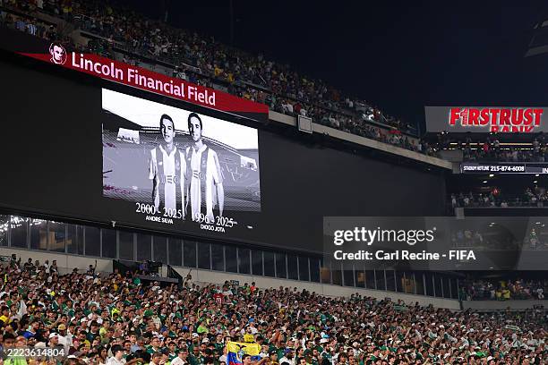 General view inside the stadium as players and fans observe a moment of silence in tribute to football players Diogo Jota and his brother Andre...