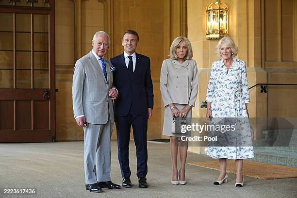King Charles III and Queen Camilla, formally bid farewell to the President of France Emmanuel Macron and his wife Brigitte Macron at Windsor Castle,...