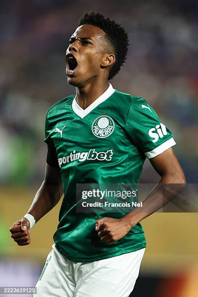 Estevao of Palmeiras celebrates scoring his team's first goal during the FIFA Club World Cup 2025 quarter final match between SE Palmeiras and...