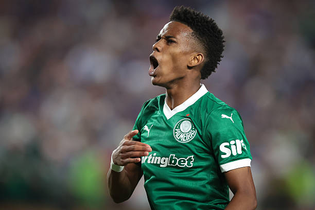 Estevao of Palmeiras celebrates after scoring to level the scoreline at 1-1 during the FIFA Club World Cup 2025 quarter final match between SE...